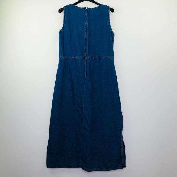 Sarin Medium Dress Blue Chambray Jumper Embroidered Eyelet VTG Modest Flaw AX9 - Picture 5 of 6